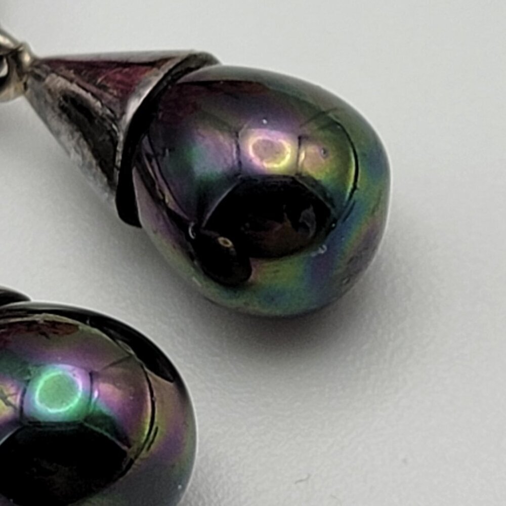 925 Sterling Silver Citrine And Peacock Pearl Teardrop Earrings Pierced  1.5" - Picture 7 of 10